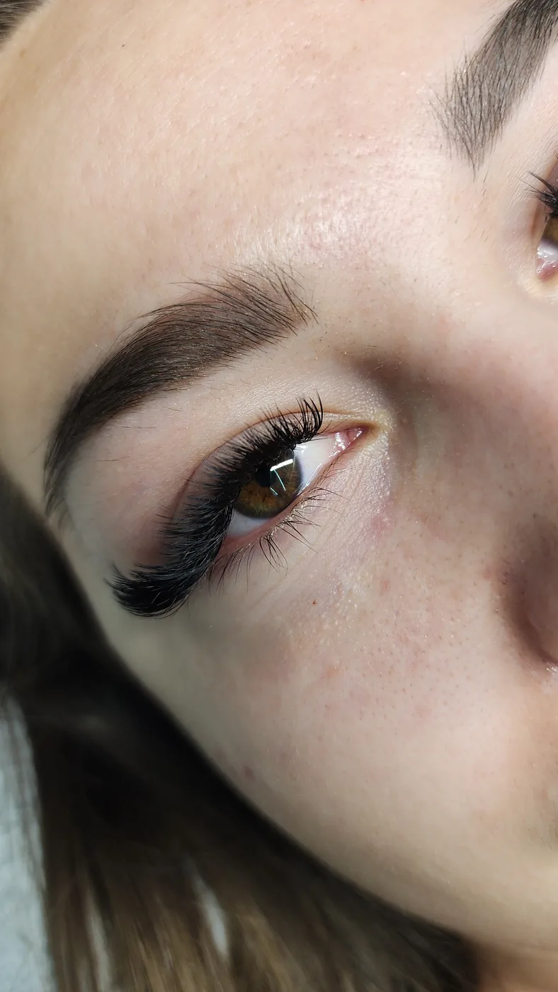 Close-up of a brown eye with long lash extensions and groomed dark eyebrow