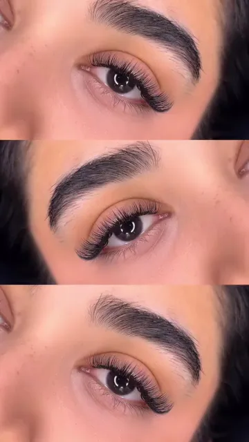 Three stacked close-ups of one eye with long lash extensions and a groomed eyebrow