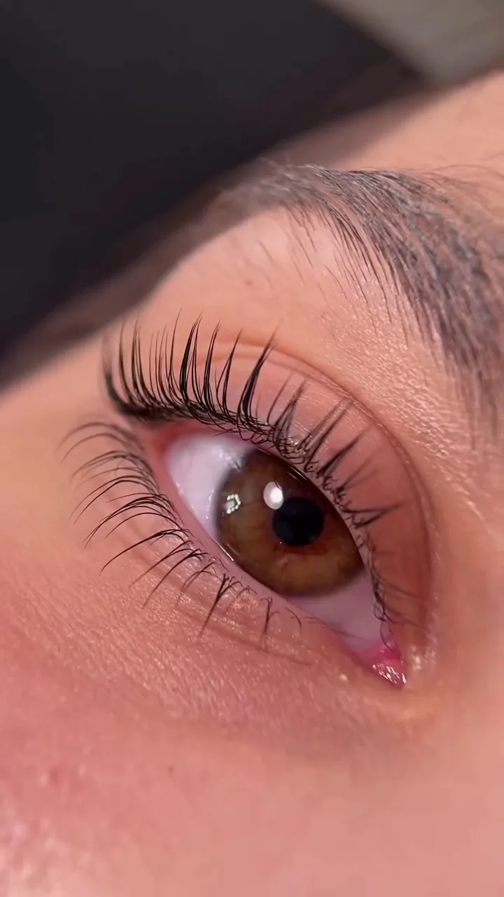 Extreme close-up of a brown eye with long dark curled lashes and natural brow
