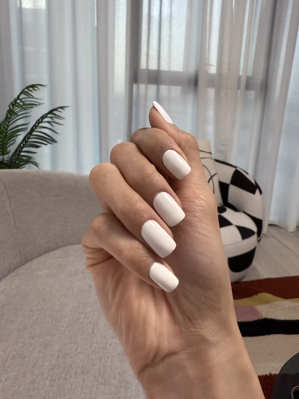 Hand with long square white nails in front of sheer curtains and a plant