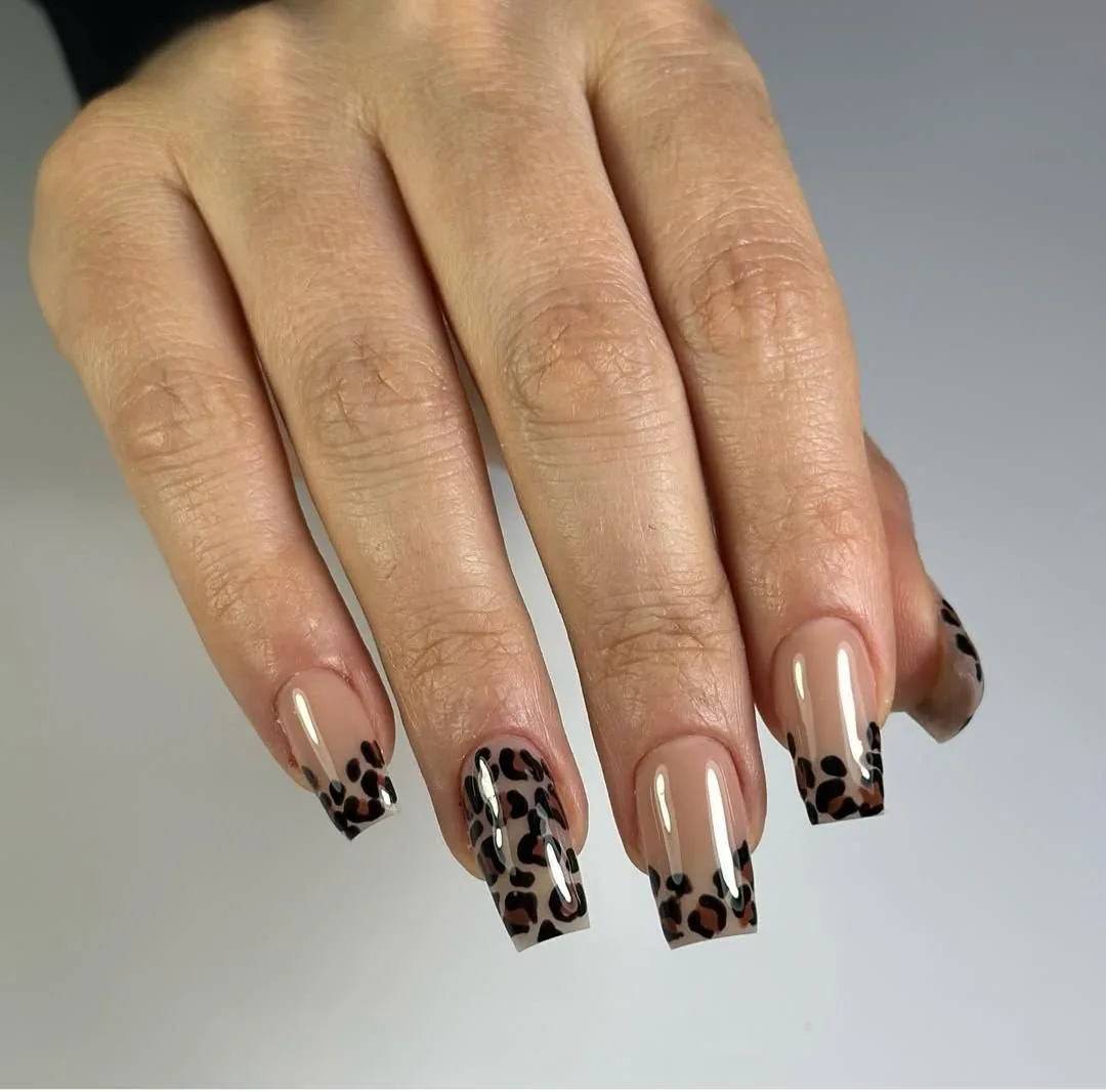 Close-up of long square nails with nude base and leopard-print tips